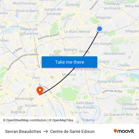 Sevran Beaudottes to Centre de Santé Edison map