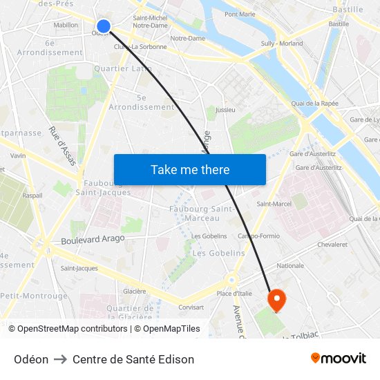 Odéon to Centre de Santé Edison map