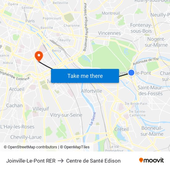 Joinville-Le-Pont RER to Centre de Santé Edison map