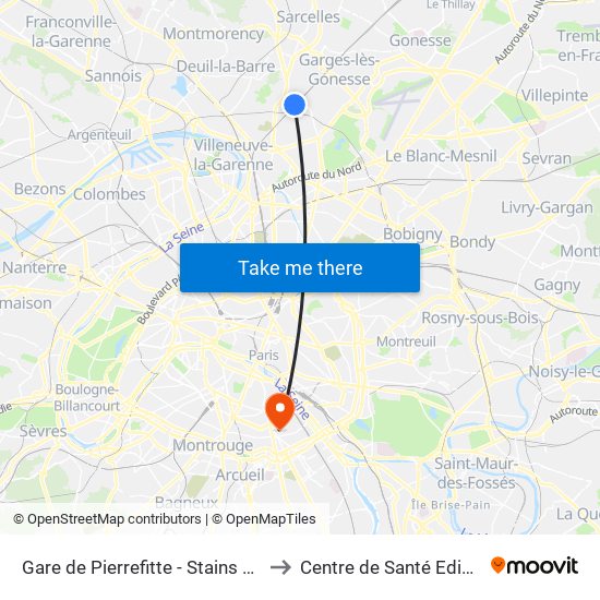 Gare de Pierrefitte - Stains RER to Centre de Santé Edison map