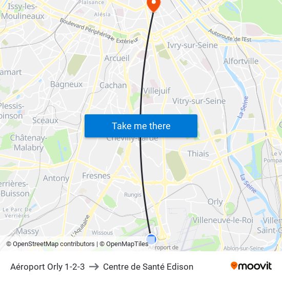 Aéroport Orly 1-2-3 to Centre de Santé Edison map