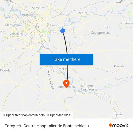 Torcy to Centre Hospitalier de Fontainebleau map