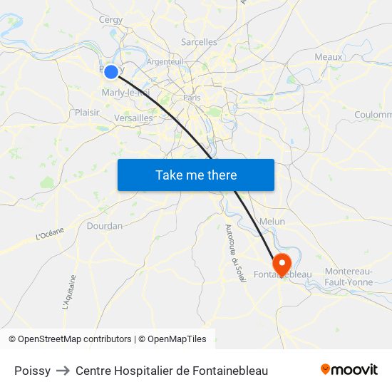 Poissy to Centre Hospitalier de Fontainebleau map
