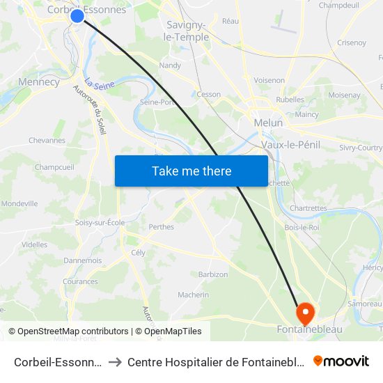 Corbeil-Essonnes to Centre Hospitalier de Fontainebleau map