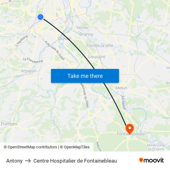 Antony to Centre Hospitalier de Fontainebleau map