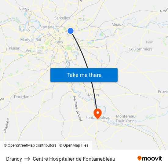 Drancy to Centre Hospitalier de Fontainebleau map
