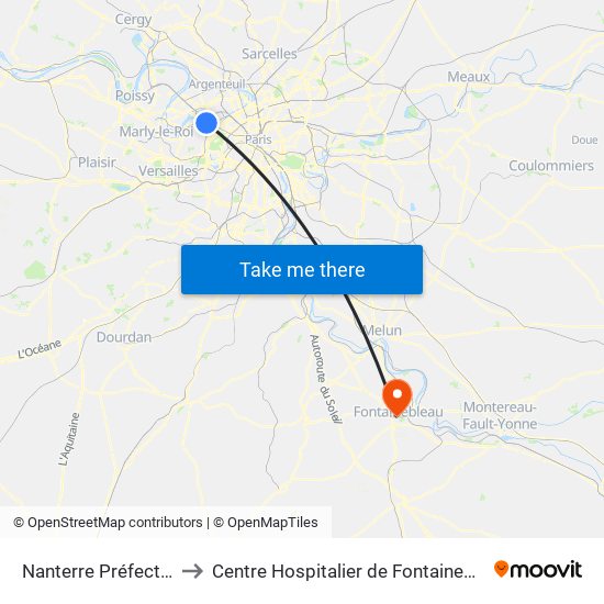 Nanterre Préfecture to Centre Hospitalier de Fontainebleau map
