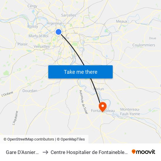 Gare D'Asnieres to Centre Hospitalier de Fontainebleau map