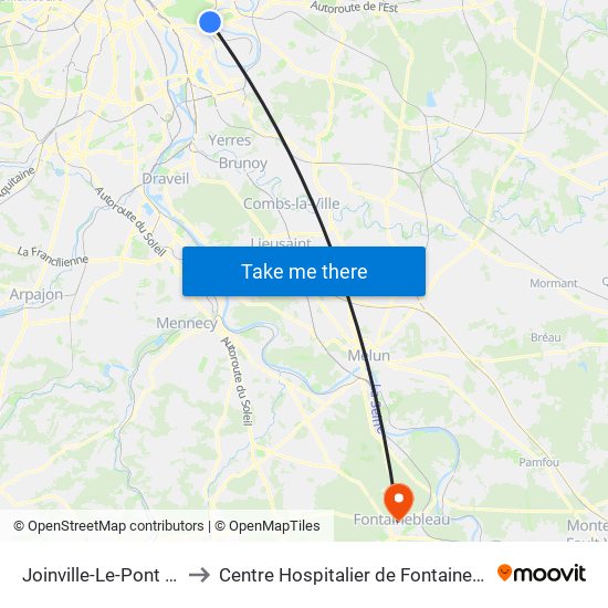 Joinville-Le-Pont RER to Centre Hospitalier de Fontainebleau map
