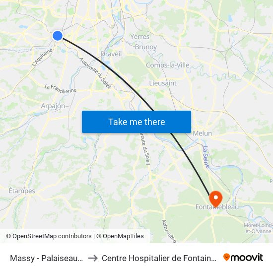 Massy - Palaiseau RER to Centre Hospitalier de Fontainebleau map