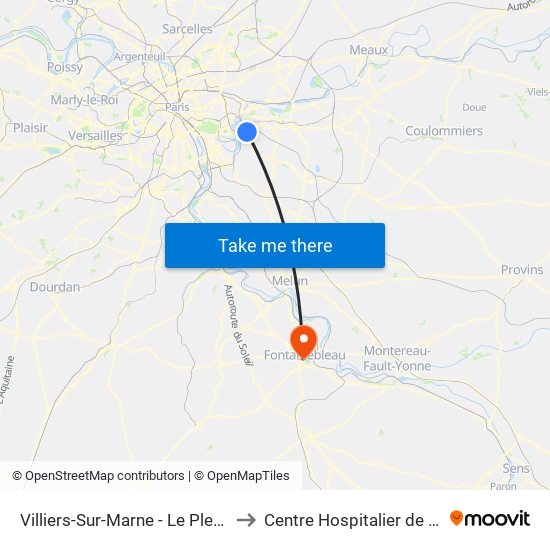 Villiers-Sur-Marne - Le Plessis-Trévise RER to Centre Hospitalier de Fontainebleau map