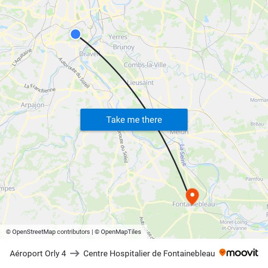 Aéroport Orly 4 to Centre Hospitalier de Fontainebleau map