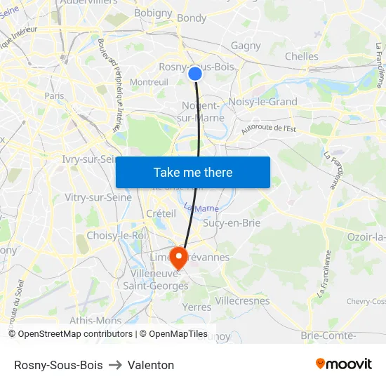 Rosny-Sous-Bois to Valenton map