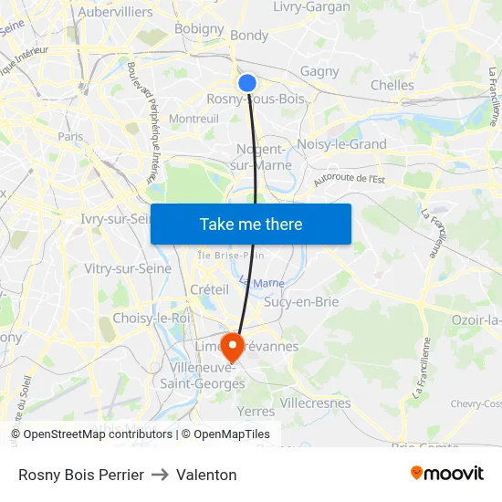 Rosny Bois Perrier to Valenton map