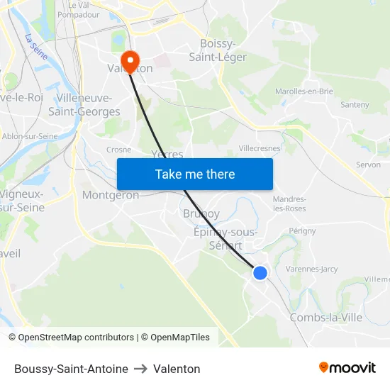 Boussy-Saint-Antoine to Valenton map