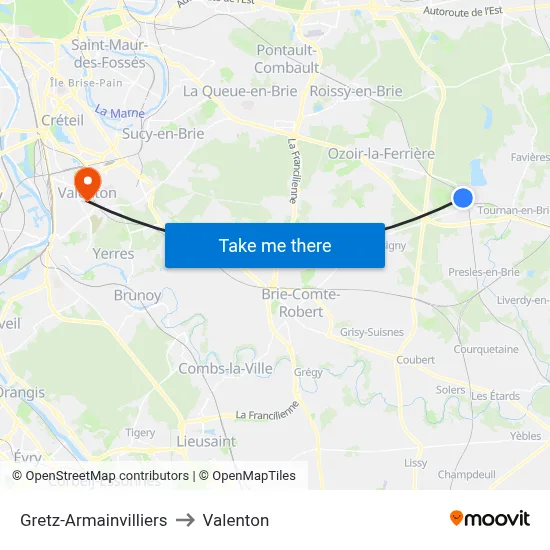 Gretz-Armainvilliers to Valenton map