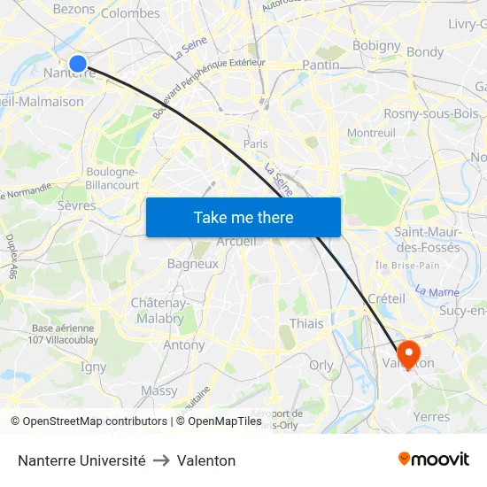 Nanterre Université to Valenton map