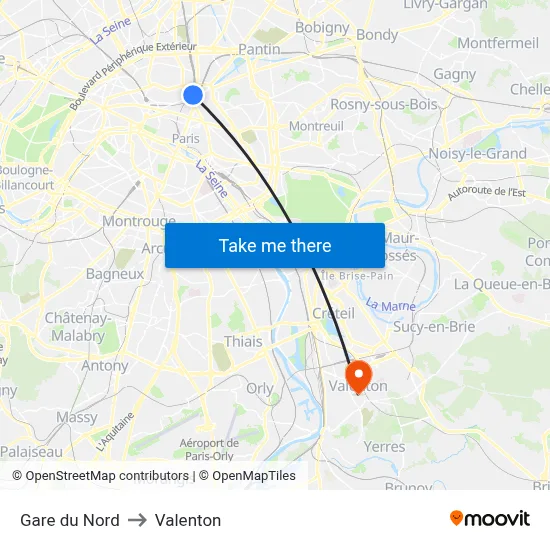 Gare du Nord to Valenton map