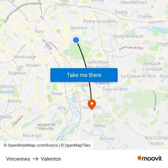 Vincennes to Valenton map