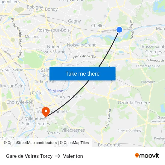 Gare de Vaires Torcy to Valenton map
