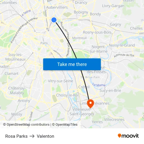 Rosa Parks to Valenton map
