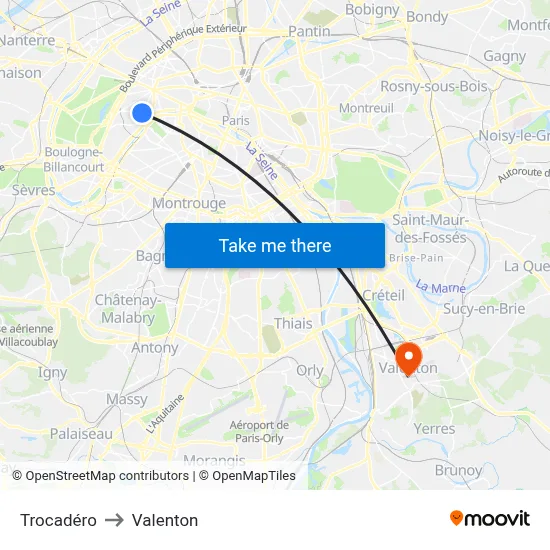 Trocadéro to Valenton map