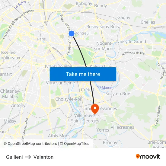 Gallieni to Valenton map