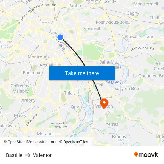 Bastille to Valenton map