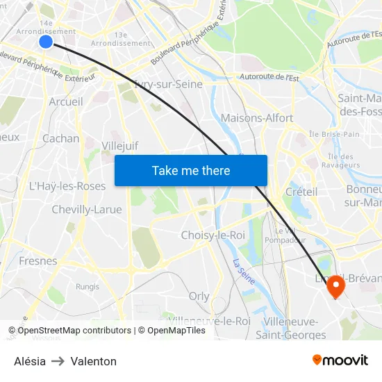 Alésia to Valenton map