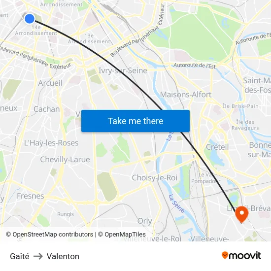 Gaîté to Valenton map