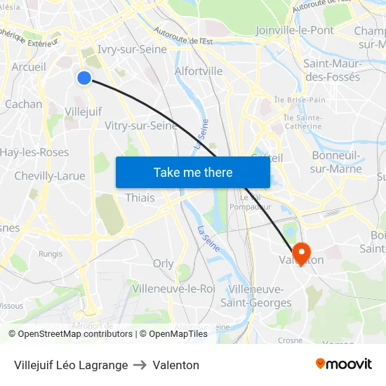 Villejuif Léo Lagrange to Valenton map
