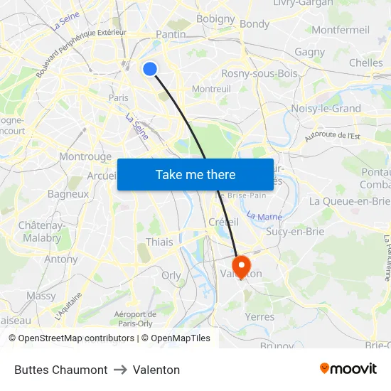 Buttes Chaumont to Valenton map