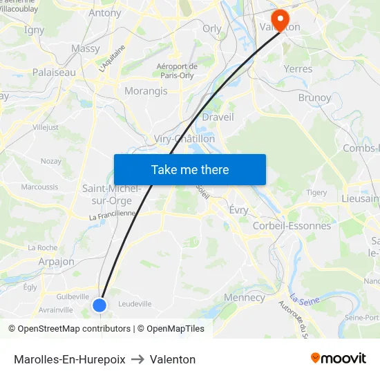 Marolles-En-Hurepoix to Valenton map