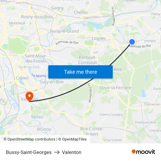Bussy-Saint-Georges to Valenton map
