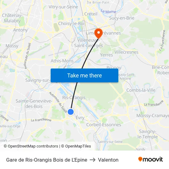Gare D'Orangis Bois de L'Épine to Valenton map