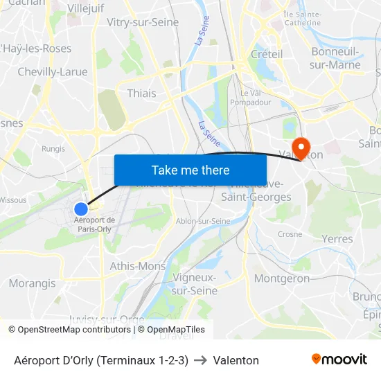 Aéroport D’Orly (Terminaux 1-2-3) to Valenton map