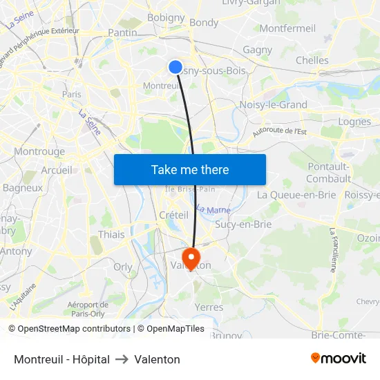 Montreuil - Hôpital to Valenton map