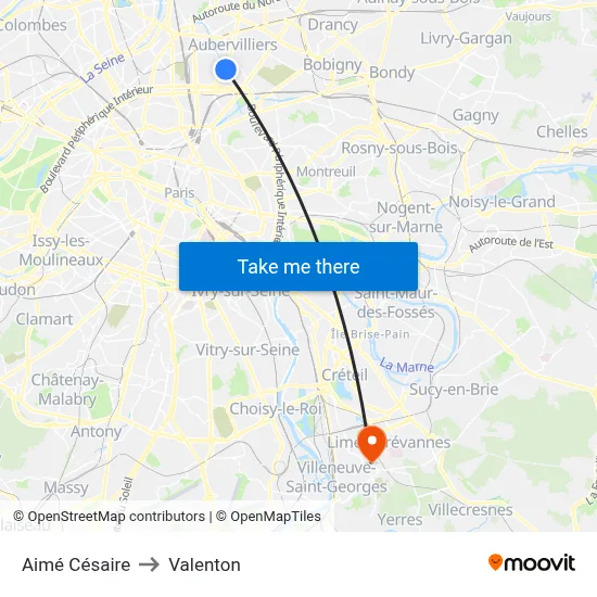 Aimé Césaire to Valenton map