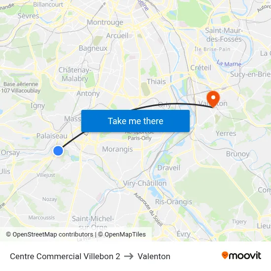 Centre Commercial Villebon 2 to Valenton map
