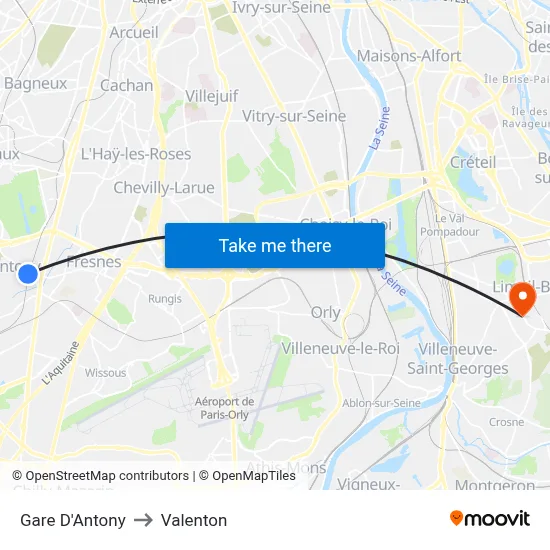Gare D'Antony to Valenton map