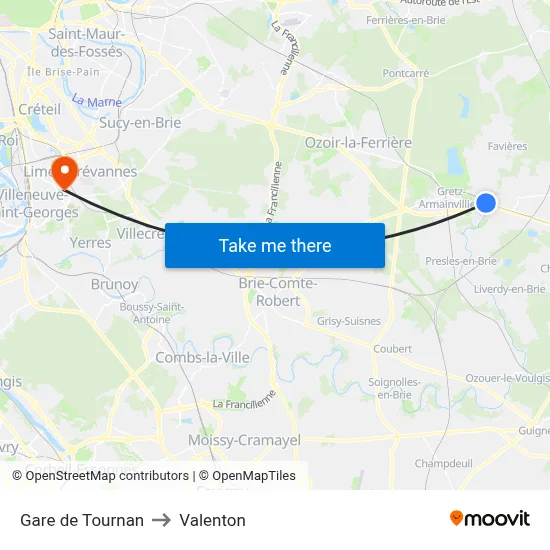 Gare de Tournan to Valenton map