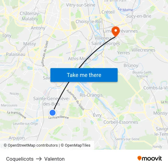 Coquelicots to Valenton map