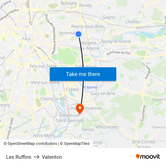 Les Ruffins to Valenton map