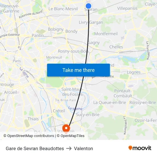 Gare de Sevran Beaudottes to Valenton map