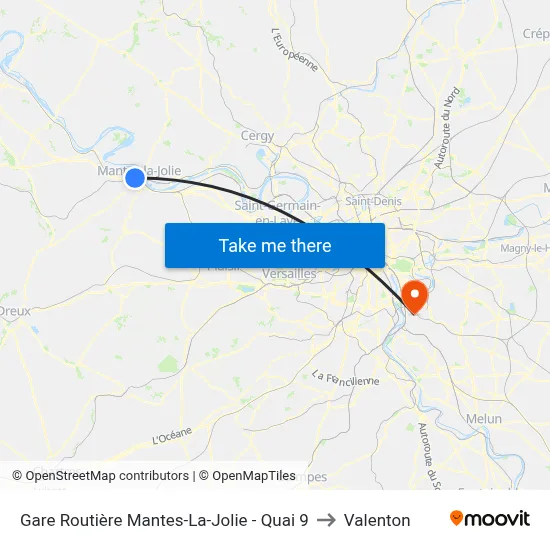 Gare Routière Mantes-La-Jolie - Quai 9 to Valenton map