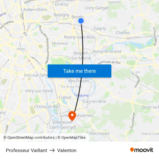 Professeur Vaillant to Valenton map