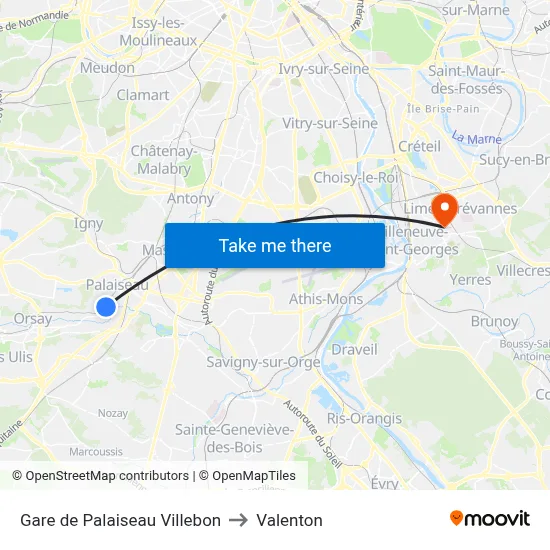 Gare de Palaiseau Villebon to Valenton map