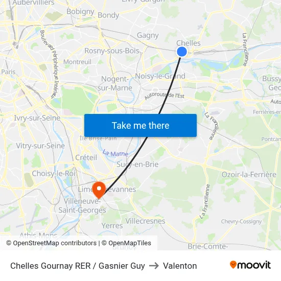 Chelles Gournay RER / Gasnier Guy to Valenton map