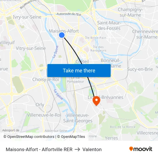 Maisons-Alfort - Alfortville RER to Valenton map