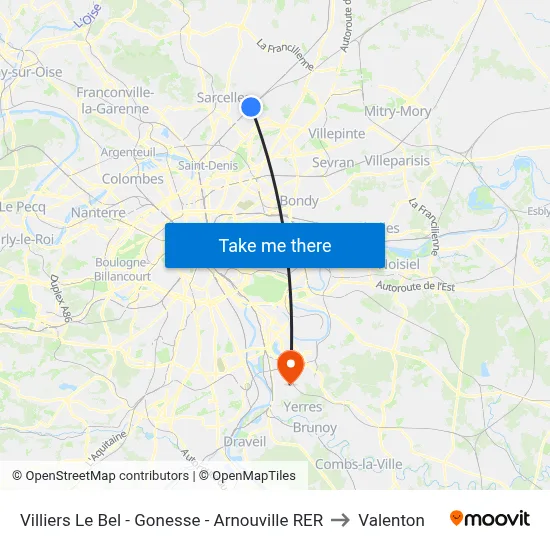 Villiers Le Bel - Gonesse - Arnouville RER to Valenton map